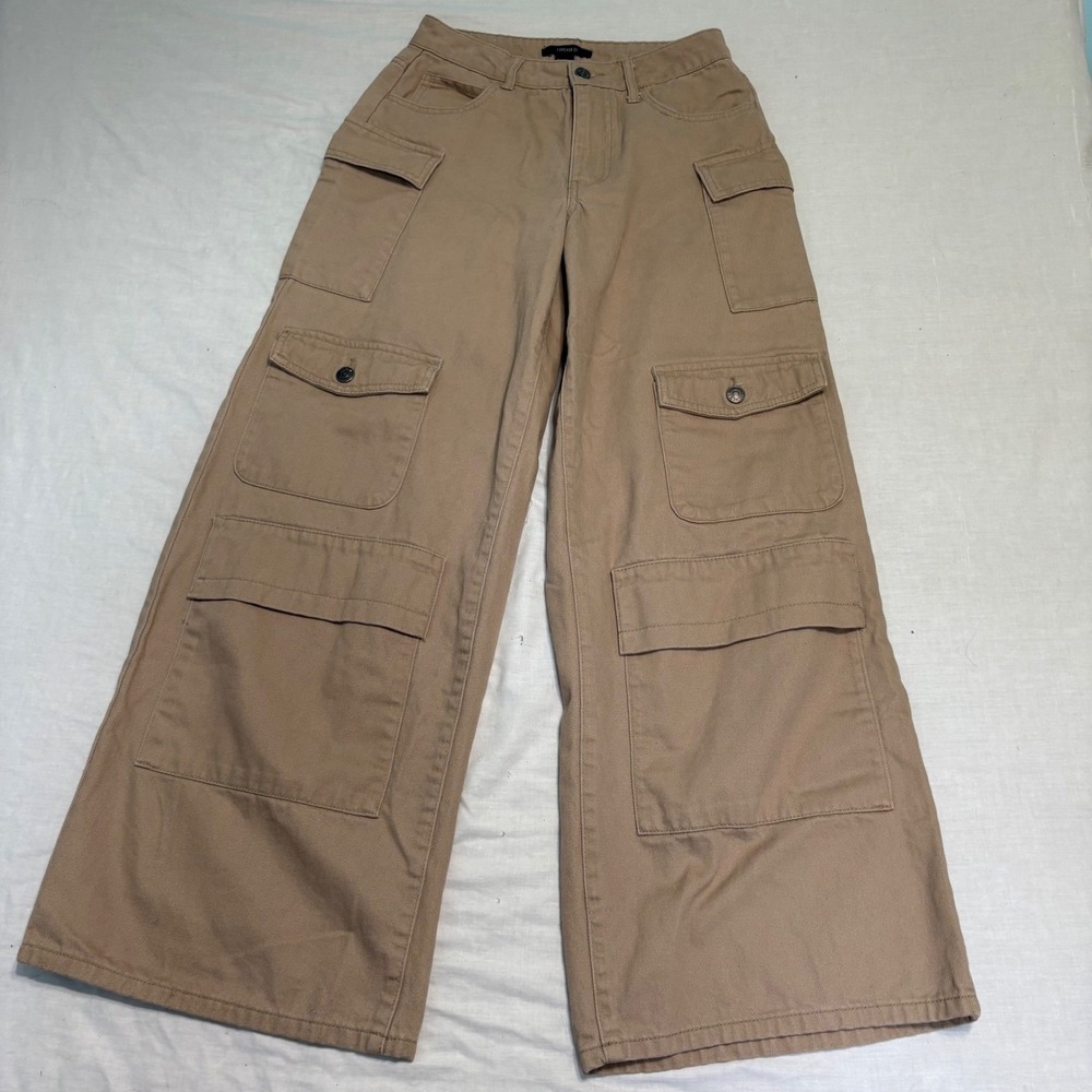 Forever 21 Cargo Pants Womens Size S Small Tan Wide Leg Multi Pocket Cotton